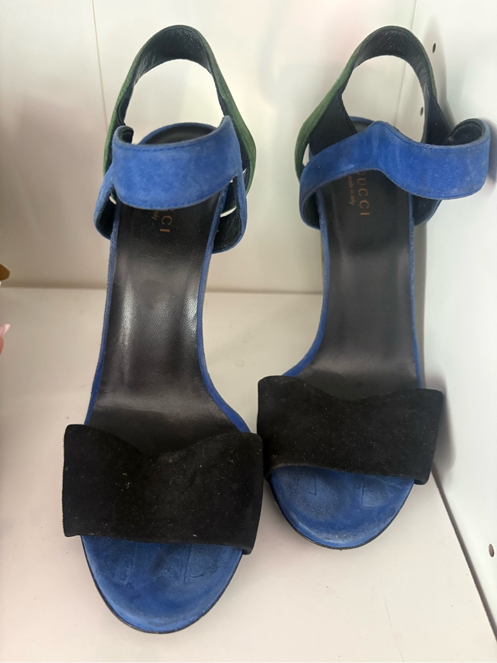 Gucci Blue, Black & Green Suede Open-Toe Heel Sandals